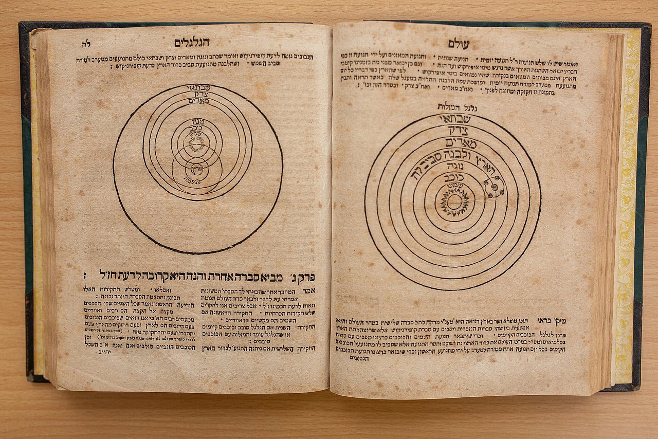 Aufgeschlagenes altes Buch mit hebräischer Schrift und Zeichnungen