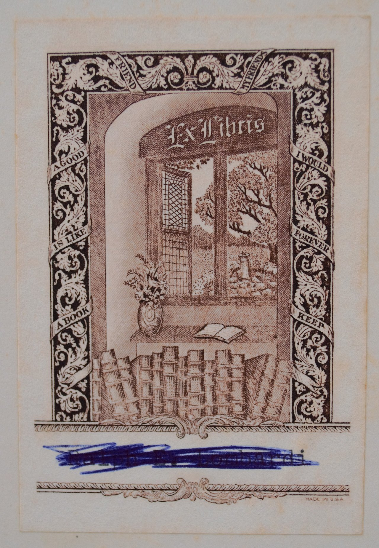 [Translate to English:] Logo Ex libris mit der englischen Beschriftung: "A book is like a good friend / my friends i would forever keep" 