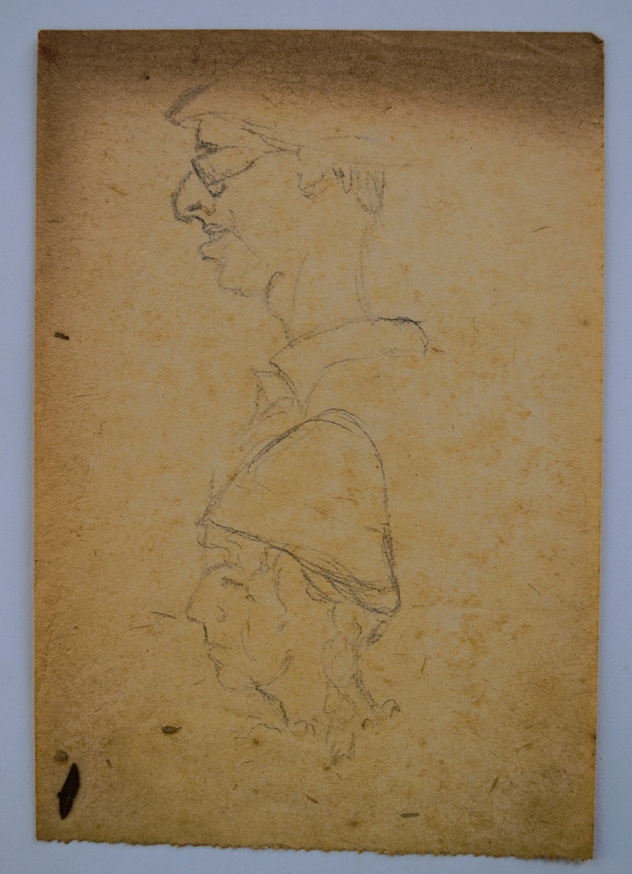 [Translate to English:] Portraitskizze mit zwei Personen, die nur bis zum Schlüsselbein dargstellt werden. Sie befinden sich in der Profilansicht. Beide Personen tragen Hüte. Der Urheber ist unklar. 
